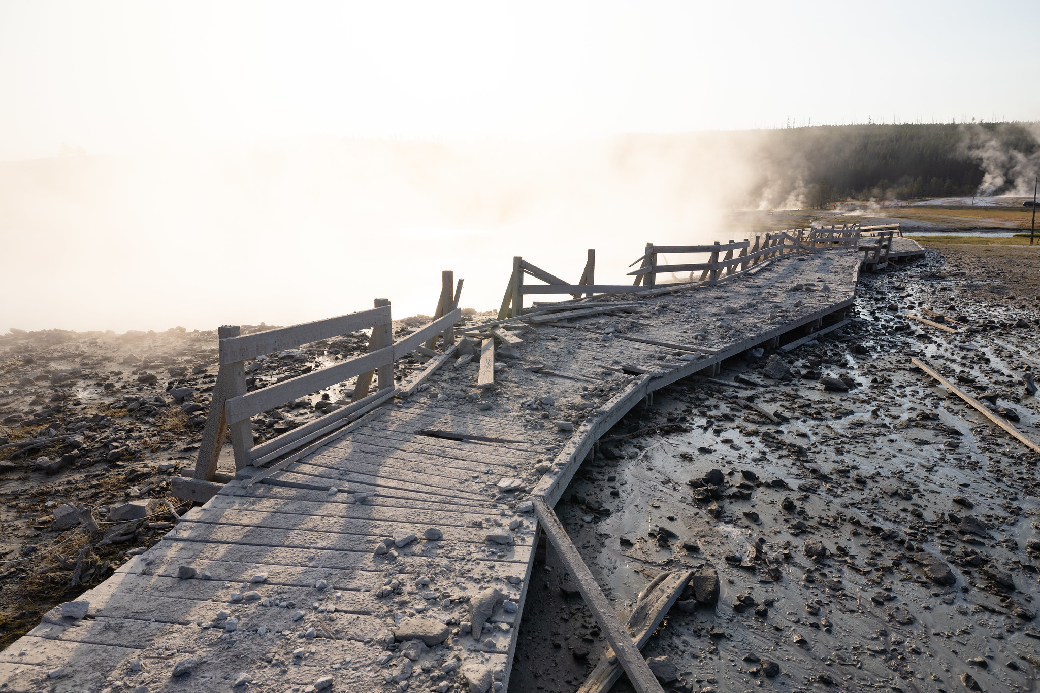 Biscuit Basin hydrothermal explosion: Boardwalk condition post-explosion.NPS / Jacob W. Frank 